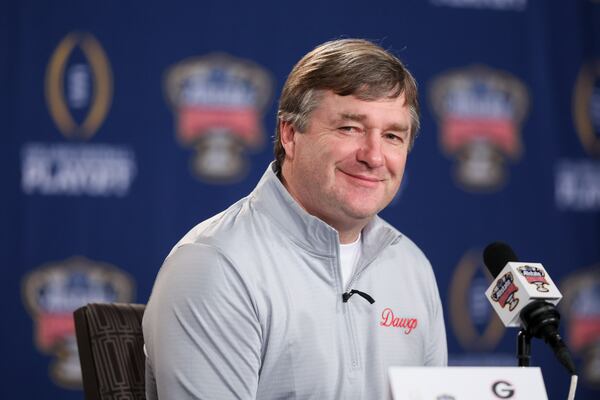 Georgia head coach Kirby Smart speaks during Media Day ahead of the Sugar Bowl on Monday, Dec. 30, 2024, in New Orleans. (Jason Getz/AJC)