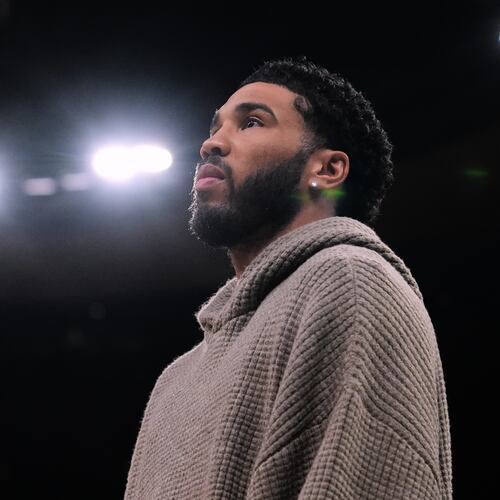 Boston Celtics forward Jayson Tatum stands next to bench during the first half of an NBA basketball game, Wednesday, March 4, 2026, in Boston. (AP Photo/Charles Krupa)