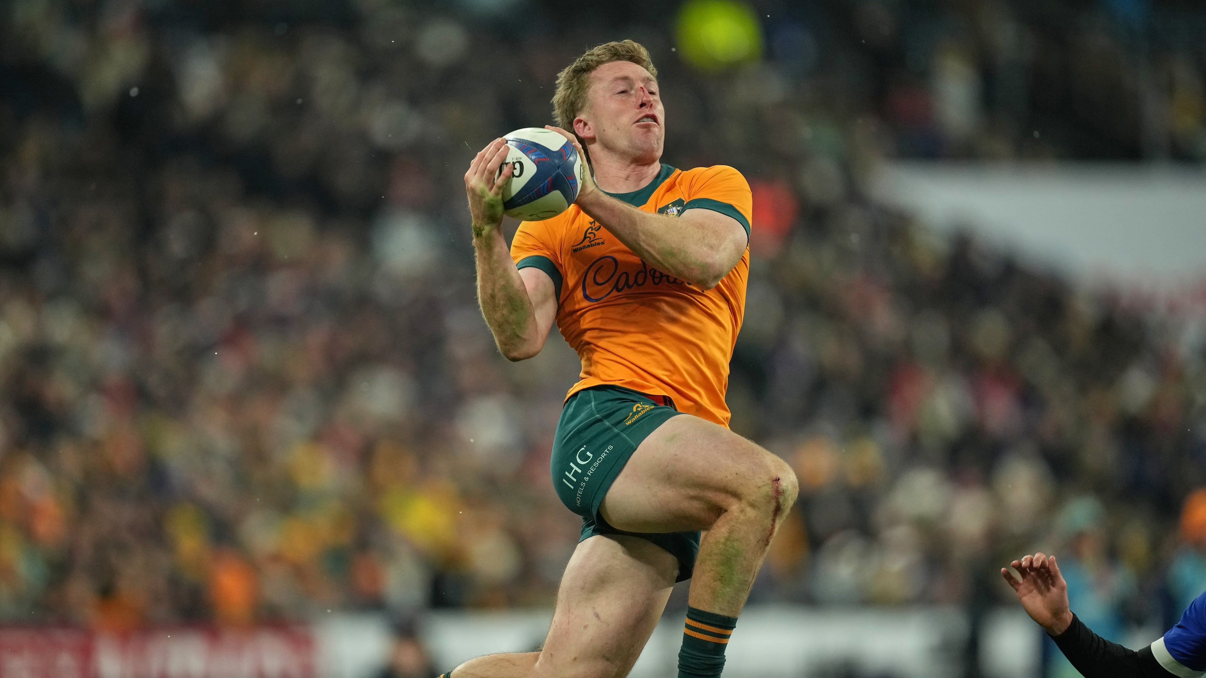 Australia's Harry Potter catches the ball during the rugby union Nations Series match between France and Australia in Saint-Denis, outside Paris, Saturday, Nov. 22, 2025. (AP Photo/Christophe Ena)