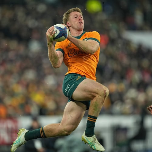 Australia's Harry Potter catches the ball during the rugby union Nations Series match between France and Australia in Saint-Denis, outside Paris, Saturday, Nov. 22, 2025. (AP Photo/Christophe Ena)