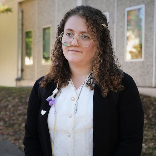 Animal rights activist Zoe Rosenberg, who is on trial for taking four chickens from one of Perdue Farms' major poultry plants, is pictured outside Sonoma County Superior Court in Santa Rosa, Calif. on Tuesday, Oct. 28, 2025. (AP Photo/Terry Chea)