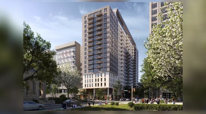 This is a rendering of a proposed student housing project in Midtown by Texas-based developer LV Collective.