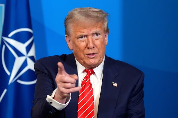 President Donald Trump speaks during a meeting with NATO Secretary General Mark Rutte at the NATO summit in The Hague, Netherlands, Wednesday, June 25, 2025. (AP Photo/Alex Brandon)