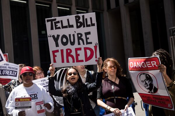  NEW YORK, NY - APRIL 18: Demonstrators rally against Fox News television personality Bill O'Reilly outside of the News Corp. and Fox News headquarters in Midtown Manhattan, April 18, 2017 in New York City. The protest against O'Reilly, who has been the subject of numerous sexual harassment allegations and legal settlements, was organized by the women's group UltraViolet and the New York chapter of National Organization for Women. (Photo by Drew Angerer/Getty Images)