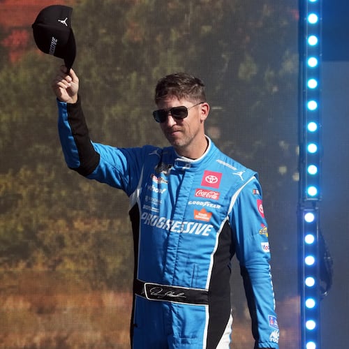 FILE - Denny Hamlin is introduced before a NASCAR Cup Series auto race Sunday, Nov. 2, 2025, in Avondale, Ariz. (AP Photo/Rick Scuteri, File)