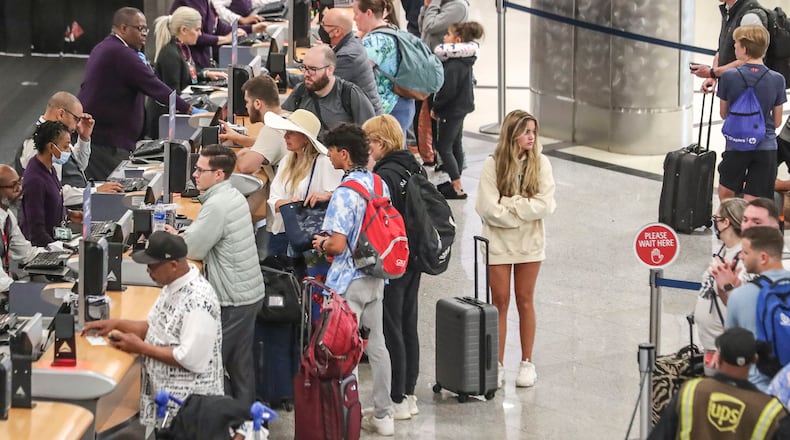 The Hartsfield-Jackson International Airport Delta Airlines ticket counter at Terminal South, May 27, 2022. (John Spink/The Atlanta Journal-Constitution/TNS)