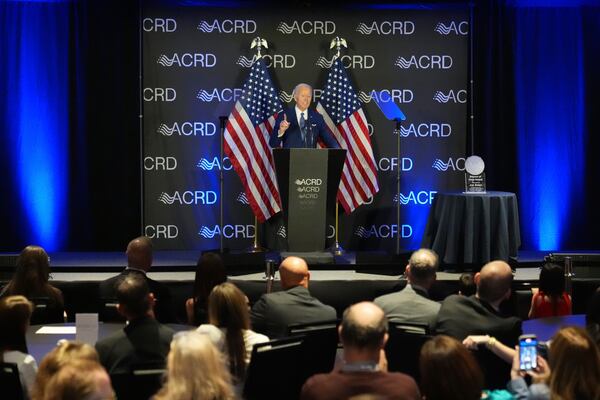 Former U.S. President Joe Biden speaks at the Advocates, Counselors, and Representatives for the Disabled conference in Chicago, Tuesday, April 15, 2025. (AP Photo/Nam Y. Huh)