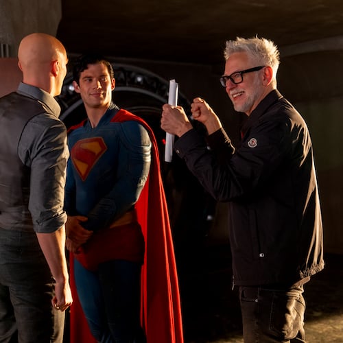 DC Studios co-CEO and director James Gunn (right) works with actors David Corenswet (center) and Nicholas Hoult on the set of "Superman," which generated $616 million in worldwide box office gross this summer. (Courtesy of Warner Brothers)