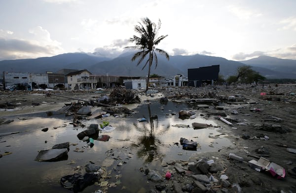 FILE - A lone tree stands in the debris from structures that were wiped out after a massive earthquake and tsunami hit Palu, Central Sulawesi, Indonesia Thursday, Oct. 4, 2018. (AP Photo/Aaron Favila, File)