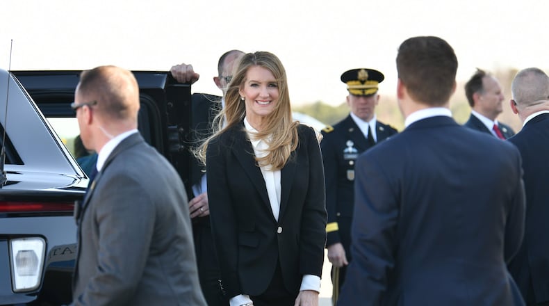 U.S. Sen. Kelly Loeffler arrives with President Donald Trump at Dobbins Air Reserve Base when the president came to Atlanta to visit the U.S. Centers for Disease Control and Prevention. (Hyosub Shin / Hyosub.Shin@ajc.com)