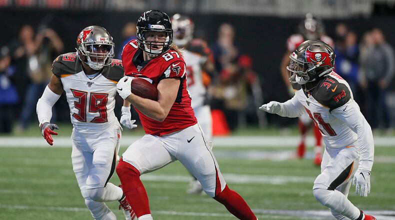 Falcons tight end Jaeden Graham turn up field for a long game setting up a field goal on the Falcons' first possession against Tampa Bay Sunday, Nov. 24, 2019, at Mercedes-Benz Stadium in Atlanta.