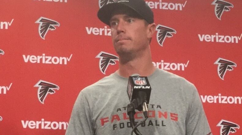 Falcons coach Matt Ryan talking to the media on a variety of topics at the start of the offseason program. (D. Orlando Ledbetter/dledbetter@ajc.com)