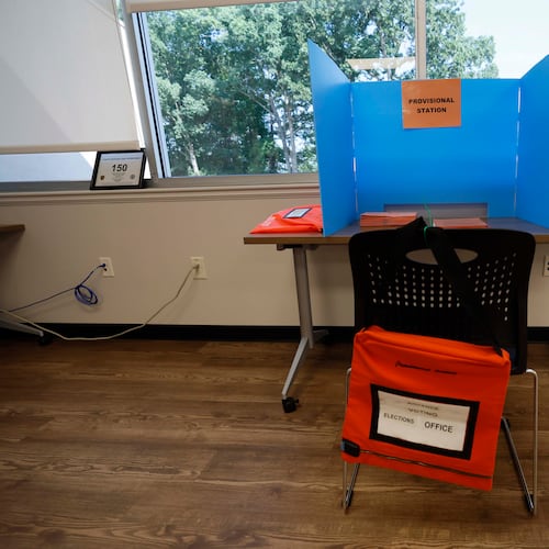 A provisional ballot desk is seen empty at the Cherokee County Voting and Registration office during the runoff elections for the Public Service Commission on Tuesday, July 8, 2025.
(Miguel Martinez/ AJC)