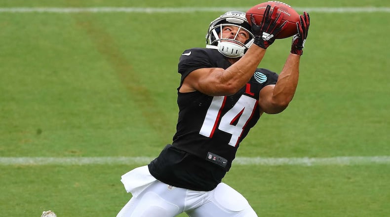 082420 Flowery Branch: Falcons rookie wide receiver Chris Rowland catches a pass in the end zone during the second scrimmage Monday, August 24, 2020 in Flowery Branch.    Curtis Compton ccompton@ajc.com