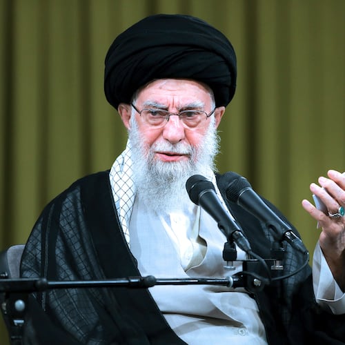 FILE - In this photo released by an official website of the office of the Iranian supreme leader, Supreme Leader Ayatollah Ali Khamenei speaks in a ceremony to mark the Shiite holiday of Eid al-Ghadir, in Tehran, Iran, Tuesday, June 25, 2024. (Office of the Iranian Supreme Leader via AP, File)