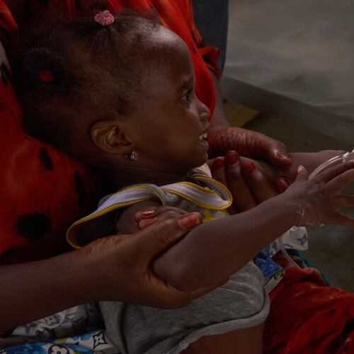 A child suffering from cholera has a blood sample taken at the MSF treatment centre in Maiduguri, Nigeria, Monday, June 8, 2026. (AP Photo/Jude Mike)