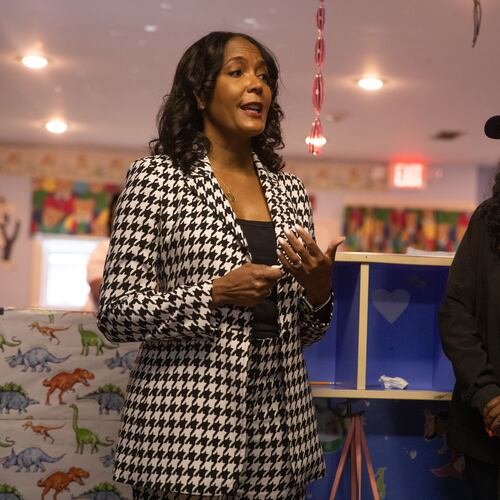 Former Atlanta Mayor Keisha Lance Bottoms speaks with potential voters at the Kidz.com Child Development Center in Columbus before making a stop at the Columbus Public Library on May 12, 2026, as part of her final statewide push ahead of the Democratic gubernatorial primary election. (Riley Bunch/AJC)