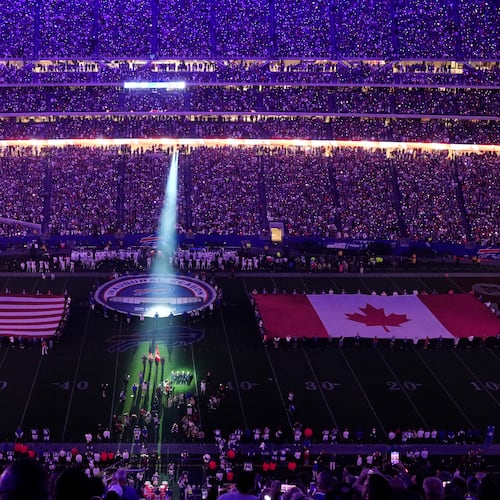 Barenaked Ladies sing the Canadian national anthem before an NFL football game at Highmark Stadium between the Buffalo Bills and Detroit Lions in Orchard Park, N.Y., Thursday, Sept. 17, 2026. (AP Photo/Sue Ogrocki)
