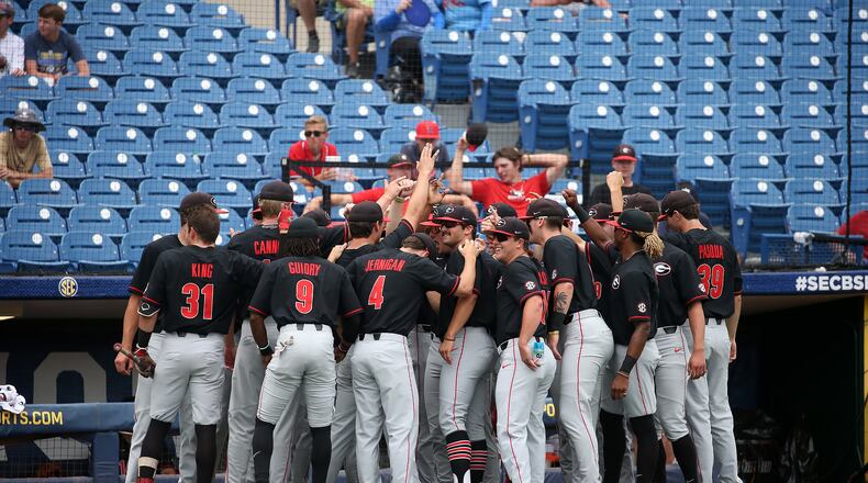 Georgia baseball players before their game against Ole Miss at the 2021 SEC Baseball Tournament Hoover Metropolitan Stadium in Hoover, Ala., on Thursday, May 27, 2021. (Photo by Michael Wade/SEC)