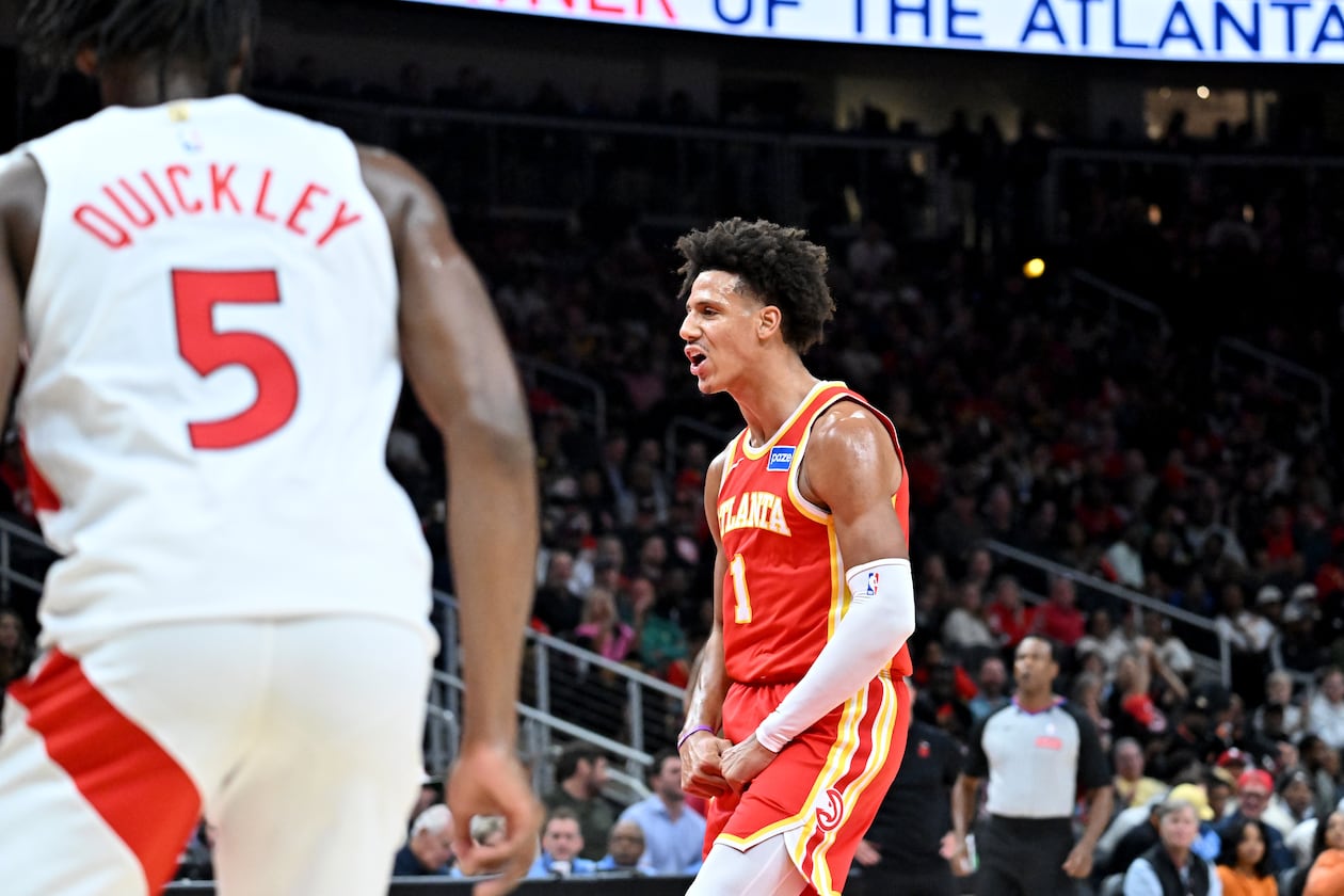 Atlanta Hawks forward Jalen Johnson became the first player in Hawks history to register 95-plus points, 45-plus rebounds, 35-plus assists and 10-plus steals over four games. (Hyosub Shin/AJC)