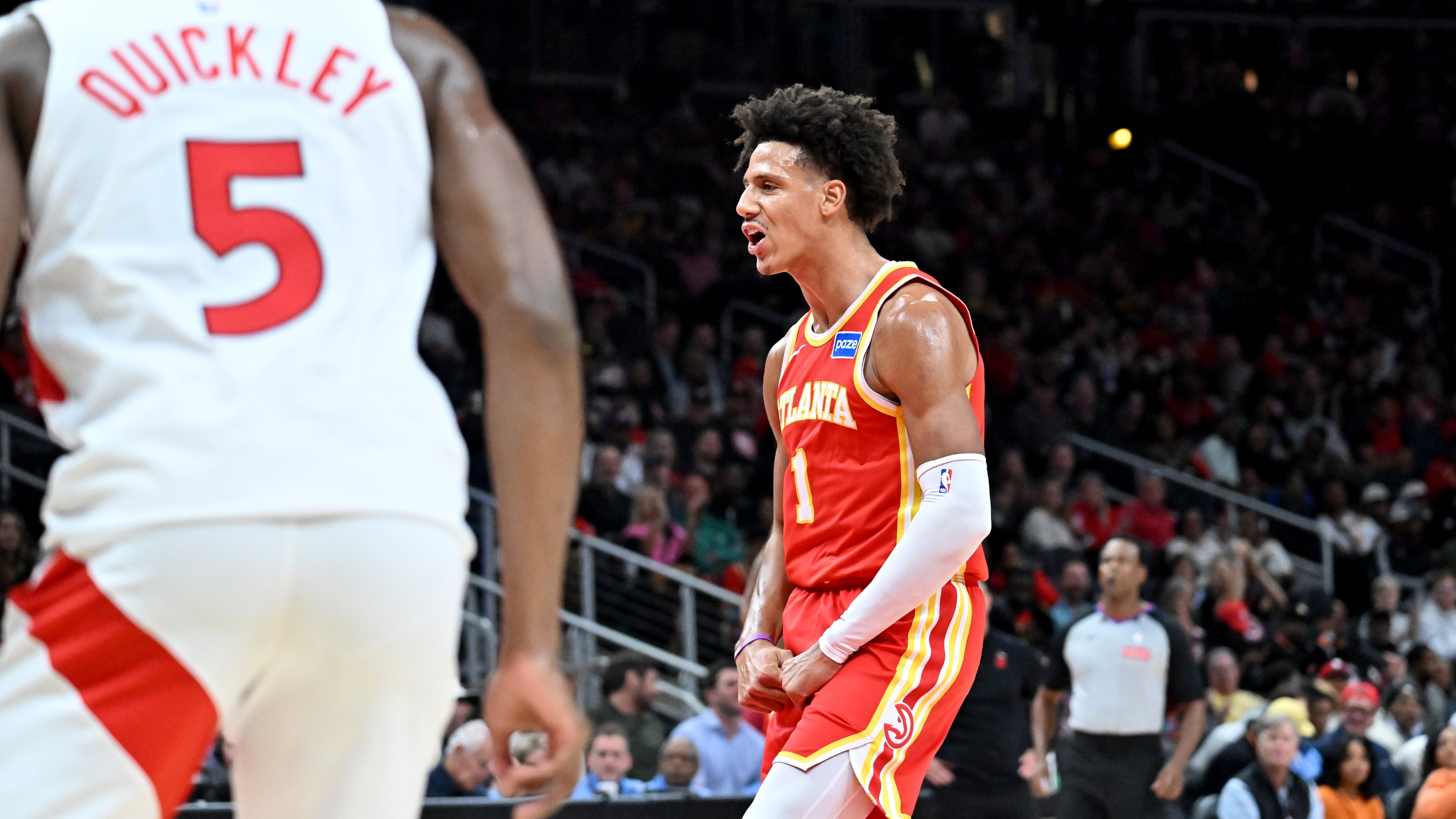 Atlanta Hawks forward Jalen Johnson became the first player in Hawks history to register 95-plus points, 45-plus rebounds, 35-plus assists and 10-plus steals over four games. (Hyosub Shin/AJC)