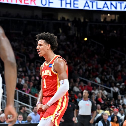 Atlanta Hawks forward Jalen Johnson became the first player in Hawks history to register 95-plus points, 45-plus rebounds, 35-plus assists and 10-plus steals over four games. (Hyosub Shin/AJC)