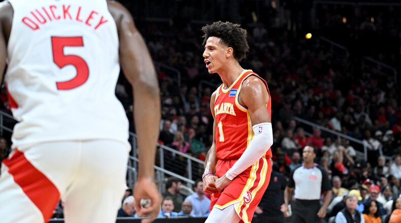 Atlanta Hawks forward Jalen Johnson became the first player in Hawks history to register 95-plus points, 45-plus rebounds, 35-plus assists and 10-plus steals over four games. (Hyosub Shin/AJC)
