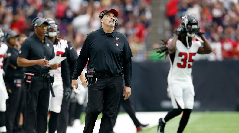 HOUSTON, TX - OCTOBER 06: Head coach Dan Quinn of the Atlanta Falcons reacts in the second half against the Houston Texans at NRG Stadium on October 6, 2019 in Houston, Texas. (Photo by Tim Warner/Getty Images)