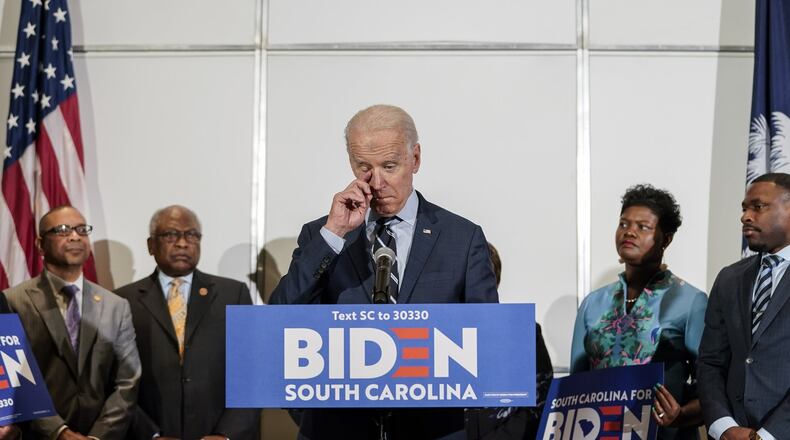 Former Vice President Joe Biden wipes away a tear as he speaks after U.S. House Majority Whip James Clyburn, D-S.C., endorsed his campaign for president. South Carolina holds the next Democratic presidential primary on Saturday, and it’s crucial that Biden win there if he’s going to compete against currently surging U.S. Sen. Bernie Sanders. ( Drew Angerer/Getty Images)