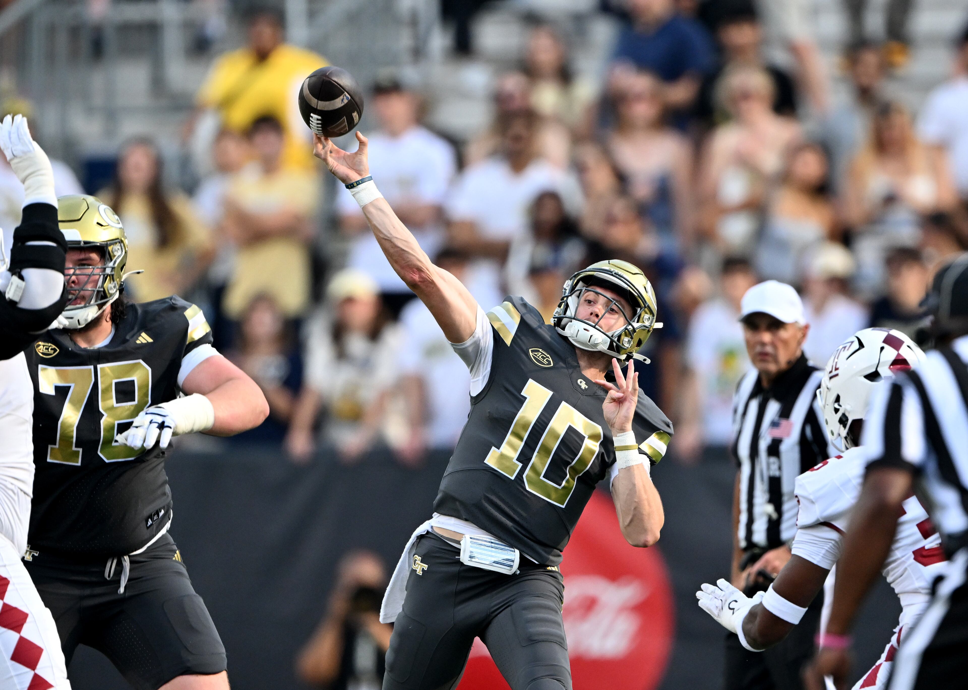 Georgia Tech quarterback Haynes King throws a pass during the first half against Temple at Bobby Dodd Stadium on Saturday, Sept. 20, 2025, in Atlanta. (Hyosub Shin/AJC)