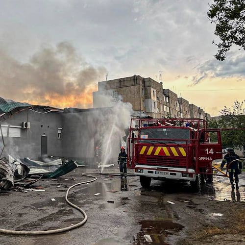 In this photo provided by the Ukrainian Emergency Service, firefighters put out the fire at a prayer house of a local Protestant community of Evangelical Christian Baptists following Russian air attack in Balakliia, Kharkiv region, Ukraine, Saturday, May 23, 2026. (Ukrainian Emergency Service via AP)