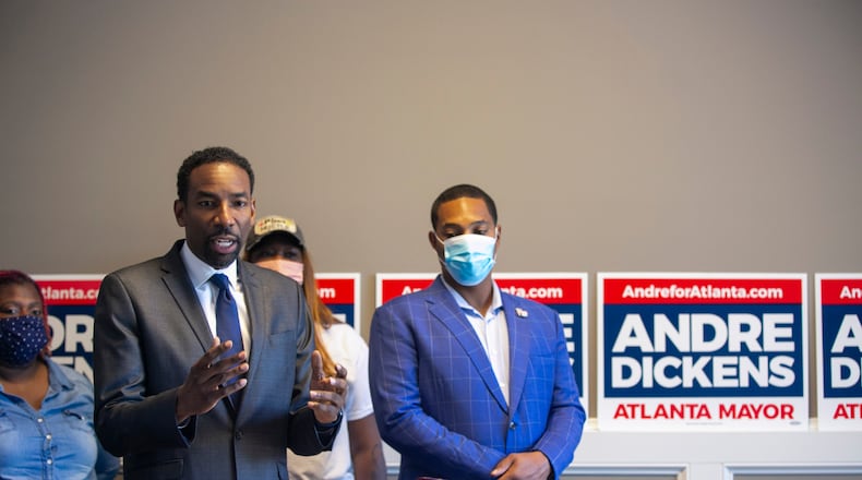 Councilmember Andre Dickens, candidate for Atlanta Mayor, speaks during a press conference at Dickens’ campaign headquarters in Atlanta, Georgia, where he announced his proposal for an Atlanta Department of Labor on September 9, 2021. (Rebecca Wright for the Atlanta Journal-Constitution)