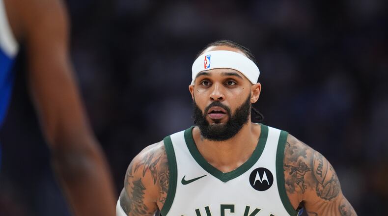 FILE - Milwaukee Bucks guard Gary Trent Jr. (5) plays in the first half of an NBA basketball game Jan. 11, 2026, in Denver. (AP Photo/David Zalubowski, File)