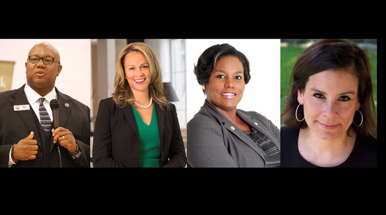 From left, Byron Amos, Kandis Wood Jackson, Erika Mitchell, and Michelle Olympiadis won their Atlanta Board of Education runoff elections Tuesday, according to unofficial results.
