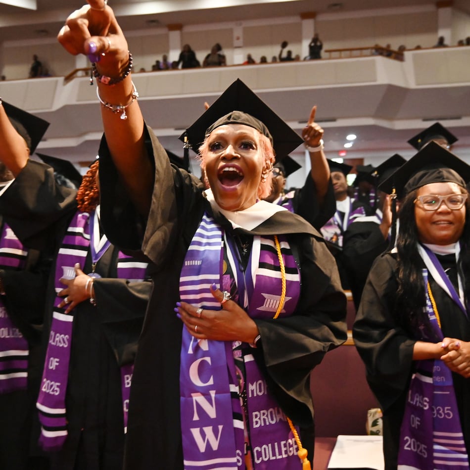 2025 Morris Brown graduates react as Bishop T.D. Jakes delivers a commencement address at Saint Philip A.M.E. Church last year. (Hyosub Shin/AJC)