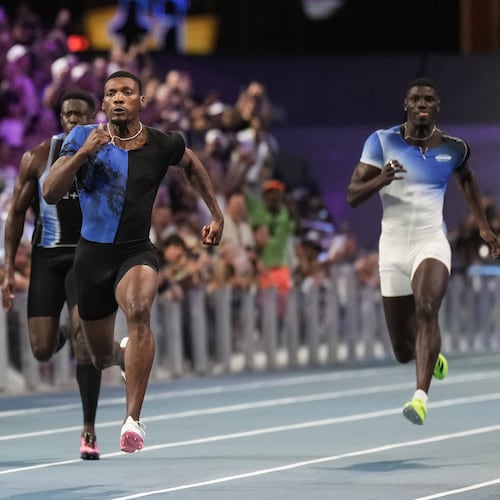 Fred Kerley, of the United States, competes in the men's 100-meter final at the Enhanced Games in Las Vegas, Sunday, May 24, 2026. (AP Photo/Jae C. Hong)