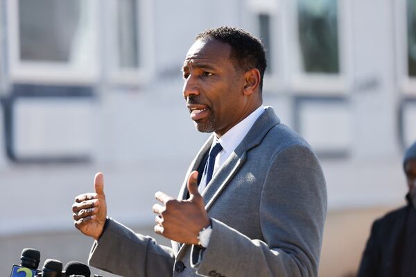 Atlanta Mayor Andre Dickens speaks at a press conference in front of 405 Cooper Street, an under-construction rapid housing site for unhoused residents, in Atlanta on Thursday, January 15, 2026. (Arvin Temkar/AJC)