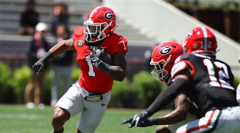 Georgia running back Trevor Etienne makes a long gain during the G-Day game on Saturday, April 13, 2024.