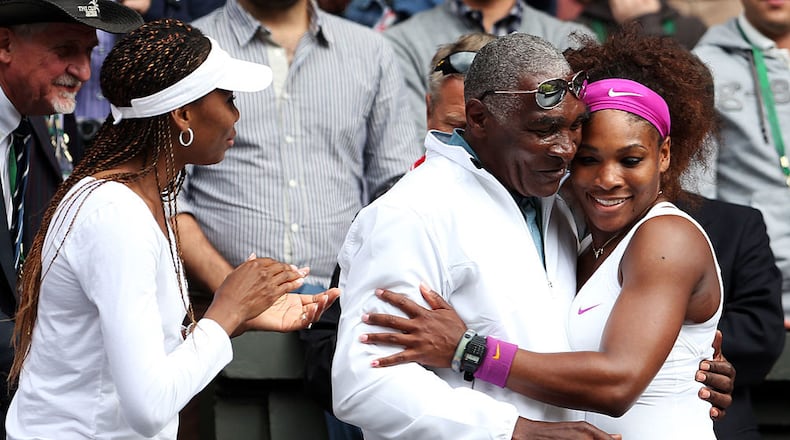LONDON, ENGLAND - JULY 07:  Serena Williams (R) with her father Richard Williams and sister Venus Williams in 2012. Richard Williams, 75, is seeking a divorce from his second wife, Lakeisha Graham, 38.