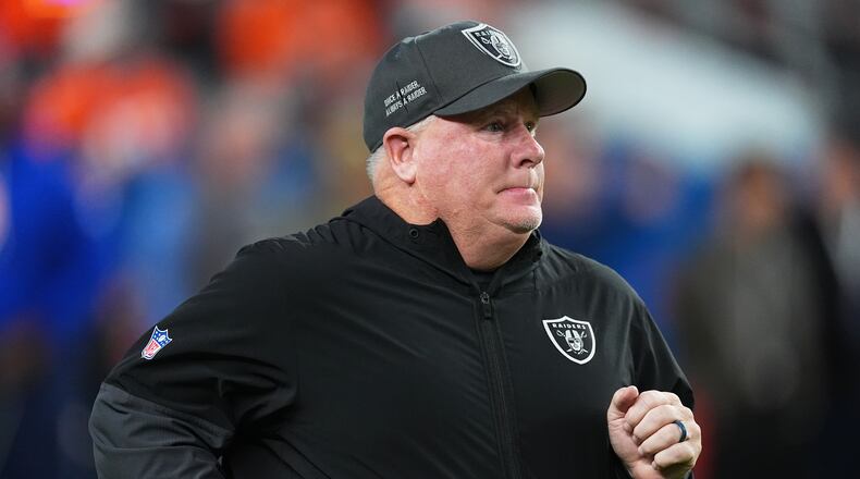 FILE - Las Vegas Raiders offensive coordinator Chip Kelly before an NFL football game Thursday, Nov. 6, 2025, in Denver. (AP Photo/David Zalubowski, File)