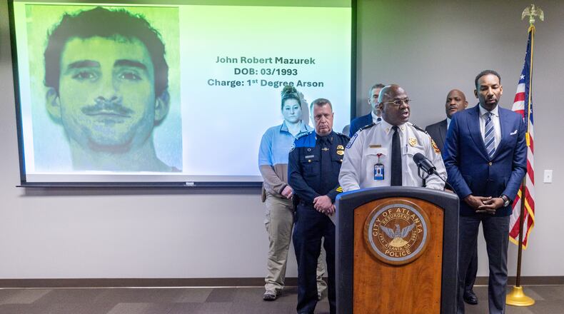 Atlanta Fire Chief Roderick Smith talks at a press conference at the Atlanta Police Headquarters about the arrest of John Roberts Mazurek Thursday. February 8, 2024. (Steve Schaefer/steve.schaefer@ajc.com)