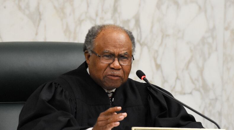January 9, 2017, Atlanta - Justice Robert Benham speaks during oral arguments in Atlanta, Georgia, on Monday, January 9, 2017. The Georgia Supreme Court is meeting for the first time this year with a new chief justice and two additional justices. (DAVID BARNES / DAVID.BARNES@AJC.COM)