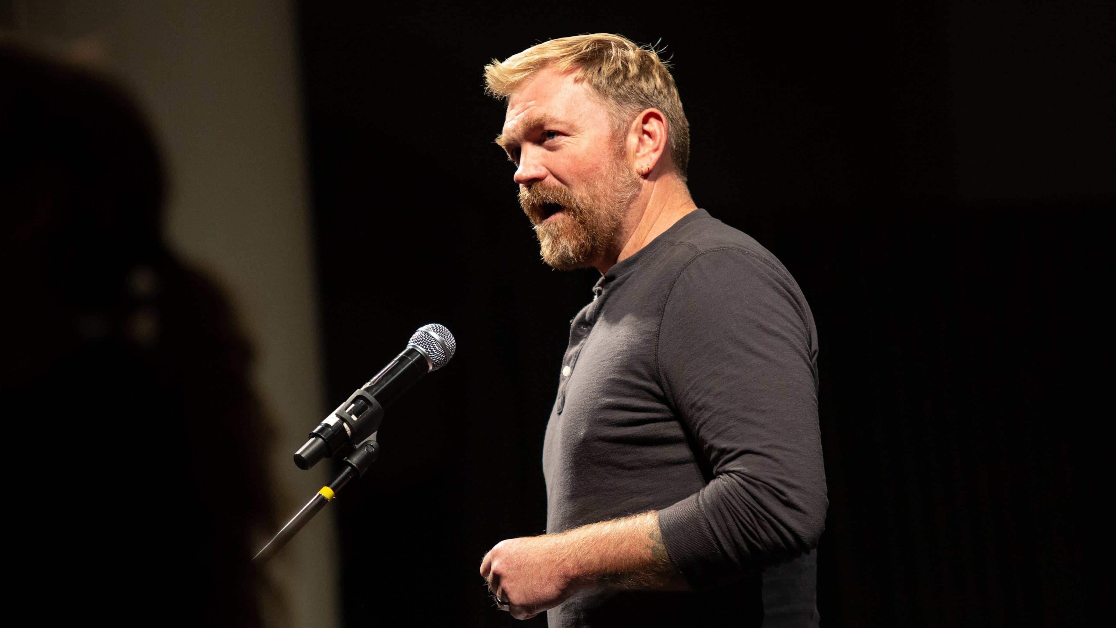 Senate candidate Graham Platner speaks at a town hall at the Franco Center in Lewiston on Wednesday, Oct. 15, 2025. (Libby Kenny/Sun Journal via AP)