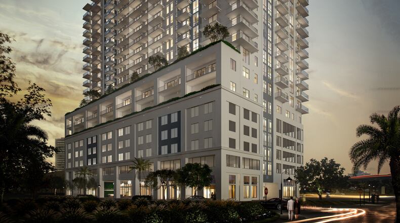Architectural rendering of Overture Dadeland, a luxury apartment rental tower restricted to people aged 55 and over. The building is scheduled for completion by the end of 2018. (Tilt Pixel)