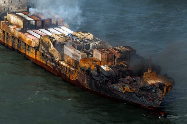 Smoke billows from the MV Solong cargo ship in the North Sea, off the Yorkshire coast in England, Tuesday, March 11, 2025. (Dan Kitwood/Pool Photo via AP)