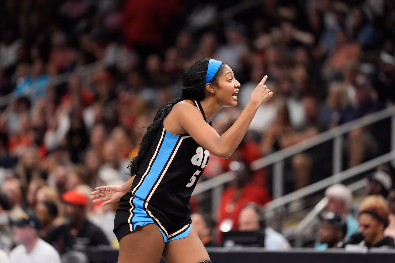 Dream forward Angel Reese (5) reacts in the second half of an WNBA basketball game Sunday, Aug. 16, 2026, in Atlanta. (AP Photo/Brynn Anderson)