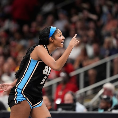 Atlanta Dream forward Angel Reese (5) reacts in the second half of an WNBA basketball game Sunday, Aug. 16, 2026, in Atlanta. (AP Photo/Brynn Anderson)