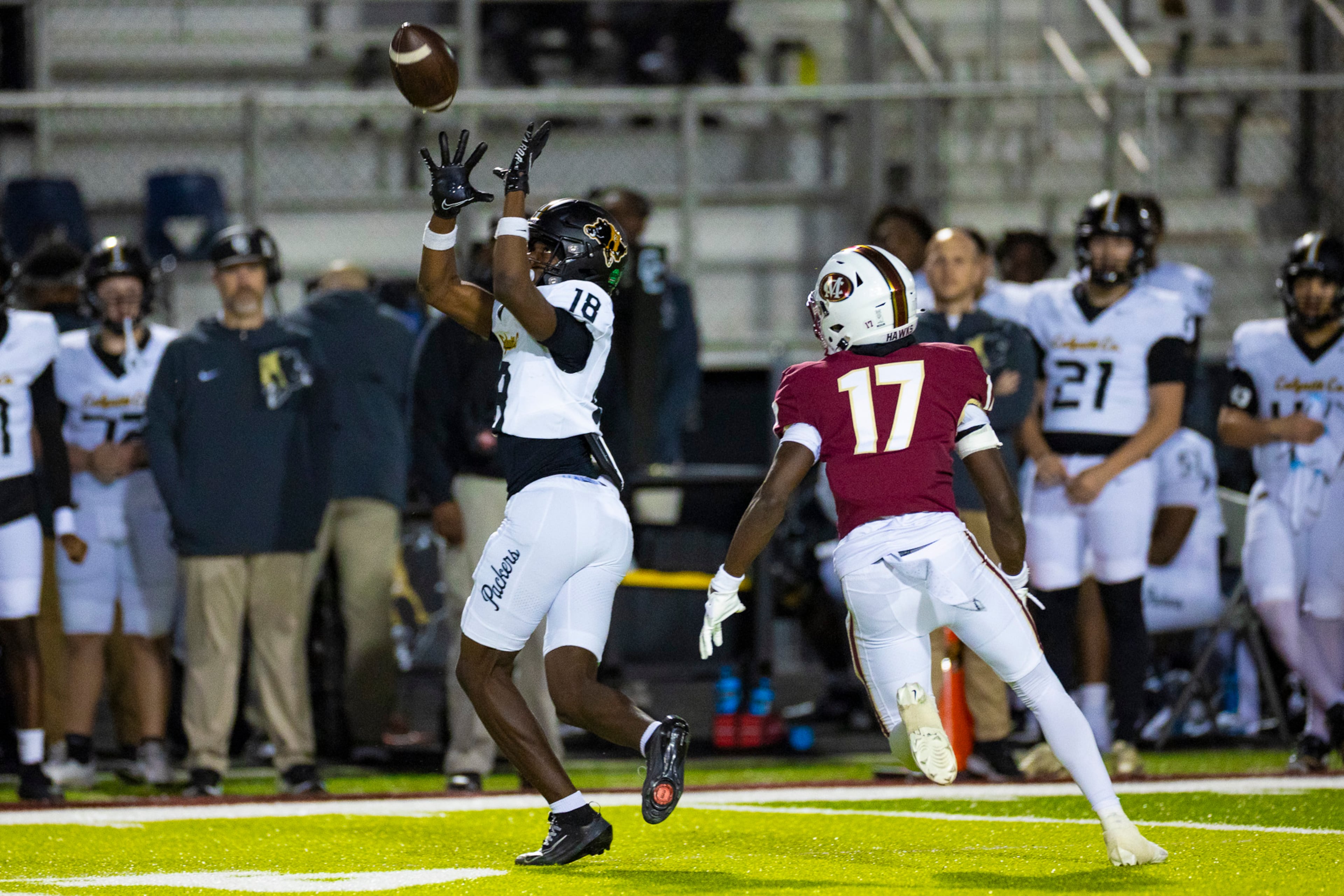 Colquitt wide receiver Antwan Lockett (18) goes for the catch during the second half against Mill Creek at Mill Creek Community Stadium in Hoschton on Nov. 14th, 2025. (Oscar Guevara Saenz for the AJC)