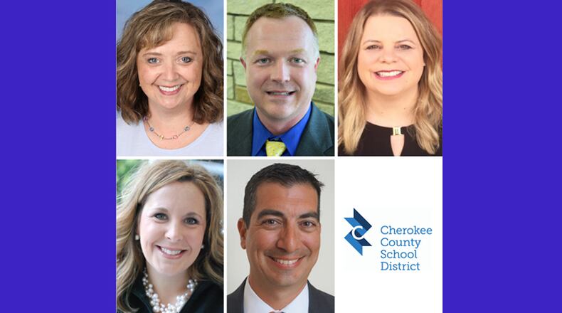 The Cherokee County schools announced five new principals for the 2019-20 school year (clockwise from top left): Carrie O’Bryant, Todd Sharrock, Jennifer McIntosh, Michael Santoro and Ashley Kennerly. CHEROKEE COUNTY SCHOOL DISTRICT