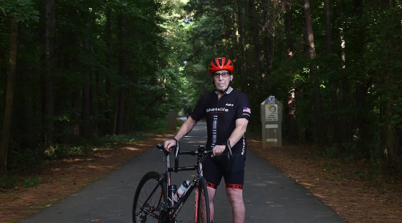 August 9 2019 Smyrna - Portrait of Barry Goppman on the Silver Comet Trail near the Mavell Road trailhead in Smyrna on Friday, August 8, 2019. Barry Goppman is an avid biker and runner battling cancer. Goppman lives not far from the Sterigenics plant and fears there may be a connection to emissions there. (Hyosub Shin / Hyosub.Shin@ajc.com)